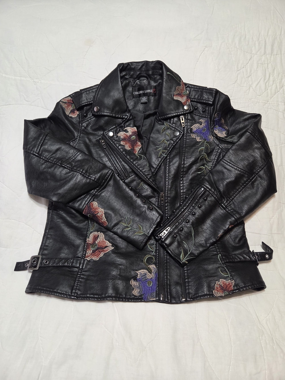 Colleen Lopez Black Embroidered Faux Leather Moto Jacket